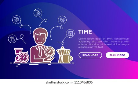 Time manager with thin line icons: coffee time, stopwatch, smart watch, hot time, sale, deadline, alarm, open hours, countdown. Modern vector illustration, template for web page on gradient background