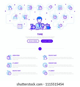 Time manager with thin line icons: coffee time, stopwatch, smart watch, hot time, sale, deadline, alarm, open hours, countdown. Modern vector illustration, template for web page.