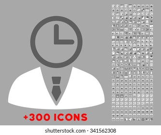 Time Manager vector icon with additional 300 date and time management pictograms. Style is bicolor flat symbols, dark gray and white colors, rounded angles, silver background.