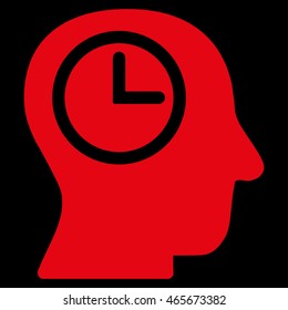 Time Manager vector icon. Style is flat symbol, red color, rounded angles, black background.