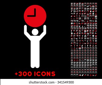Time Manager vector pictogram with additional 300 date and time management icons. Style is bicolor flat symbols, red and white colors, rounded angles, black background.