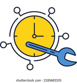 Reloj de icono de administración de tiempo con diseño vectorial de llave. Servicio de mantenimiento y reparación de máquinas, apoyo técnico o concepto de gestión de programas