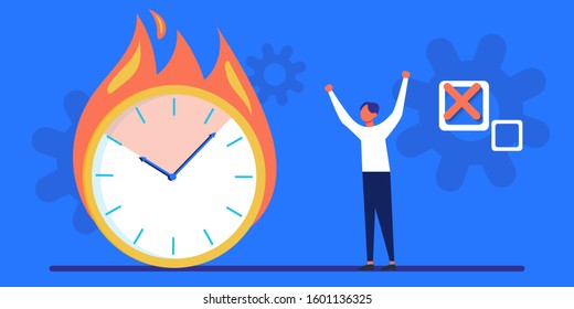 Time managment, deadline, overwork in office, workload disasters. Stress and mess. Nervous businessman and large burning hours. People and psychological pressure. For banner, flyer, landing page