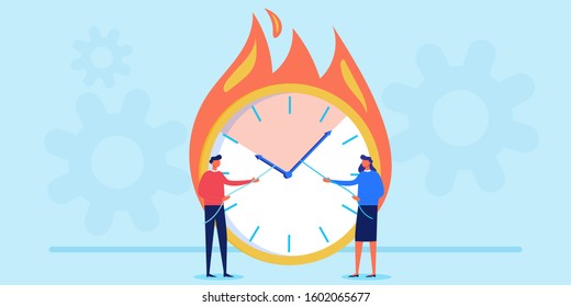Time managment, deadline, overwork in office, workload disasters. Stress and mess. Nervous businessman and large burning hours. People and psychological pressure. For banner, flyer, landing page