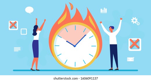 Time managment, deadline, overwork in office, workload disasters. Stress and mess. Nervous businessman and large burning hours. People and psychological pressure. For banner, flyer, landing page