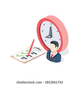 Gestión del tiempo, lista de planificación, reloj y hombre. Vector 3d isométrico, color de los iconos de la web, nuevo estilo plano. Ilustración creativa, idea para infografías.