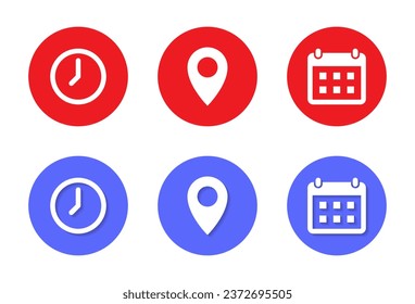 Time, map pin, and calendar icon vector in flat style. Clock, location, and date sign symbol