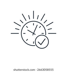 Hora marcada com um tique. Melhor momento, momento. Ilustração de ícone linear de vetor isolada no fundo branco.