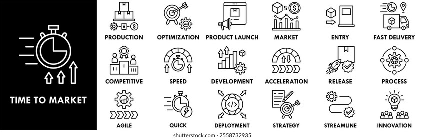 Time To Market icon collection set. Containing design business, marketing, time, strategy, analysis, technology