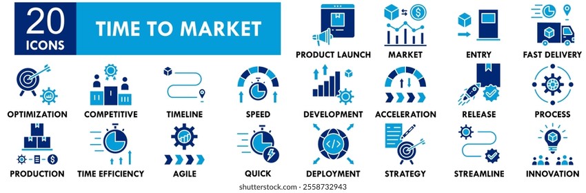 Time To Market icon collection set. Containing design business, marketing, time, strategy, analysis, technology