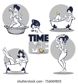 time for me, vector collection of beautiful women taking a bath in bathtub with lettering composition