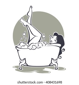 Time For Me, Vector Image  Of Beautiful Woman Taking A Bath In Bathtub