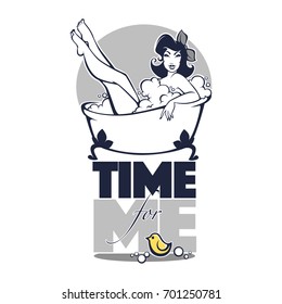 time for me, vector image  of beautiful woman taking a bath in bathtub with lettering composition