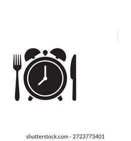 Hora de una comida, un cuchillo de tenedor y la ilustración del icono del reloj
