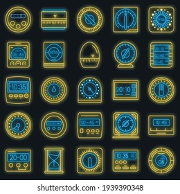 Time measure icon set. Outline set of time measure vector icons neon color on black