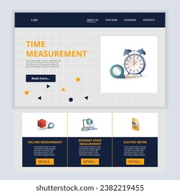 Time measurement flat landing page website template. Volume measurement, internet speed measurement, electric meter. Web banner with header, content and footer. Vector illustration.