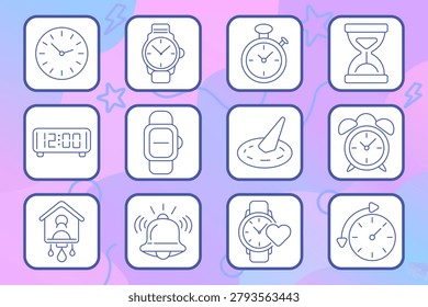Time measurement set icon. Linear icons with wall clock, wrist watch, stopwatch, hourglass, digital clock, smart watch, sundial, alarm clock, cuckoo clock, ringing bell, time cycle dial.
