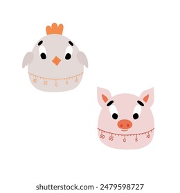 Time measuring tool isolated on white background. Chicken timer. Pig kitchen timer. Kitchen timer. Vector illustration.