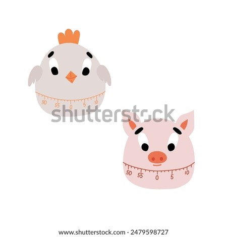 Time measuring tool isolated on white background. Chicken timer. Pig kitchen timer. Kitchen timer. Vector illustration.