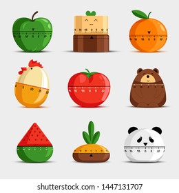 Time measuring tools or timers isolated icons mechanic stopwatch vector apple and orange rooster or egg and tomato bear and watermelon onion and panda shapes kitchen item cooking time measurement.