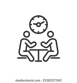 Time meeting, in line design. Time meeting, schedule, calendar, appointment, discussion, teamwork, collaboration on white background vector. Time meeting editable stroke icon