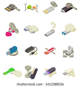 Time memory icons set. Isometric set of 16 time memory vector icons for web isolated on white background