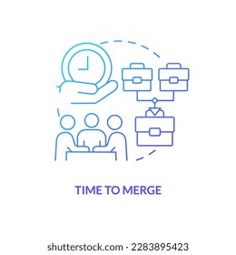 Hora de combinar el icono de concepto de degradado azul. Gestionar a través de la ilustración de la delgada idea abstracta de adquisición. Reunión de equipo. Proceso de negociación. Dibujo de contorno aislado. Se usa una fuente Myriad Pro-Bold