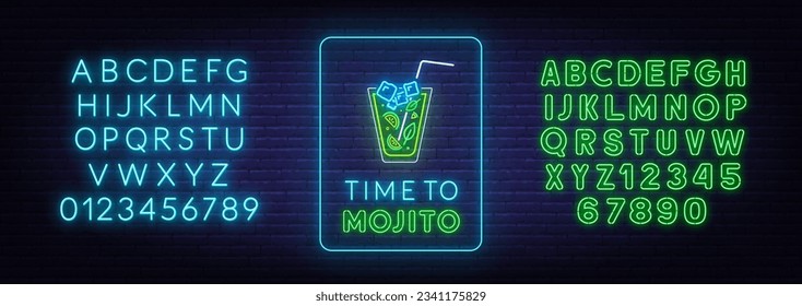 Es hora de mojito con letras de neón sobre fondo de pared de ladrillo.