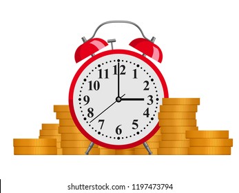 Time is money - alarm clock and stack of money coins - isolated vector illustration 