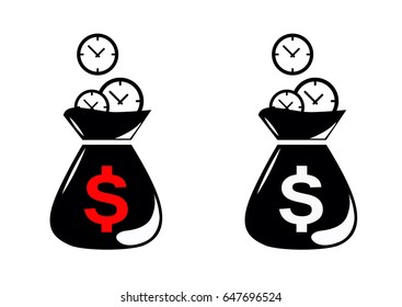 Time is Money.  Money Bag Icon with Clock Symbol