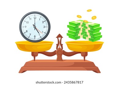 Time money balance. Balancing scales compare finance or life value, saving cost business work relationship weighing weight seesaw choice cartoon scale vector illustration of balance compare scale