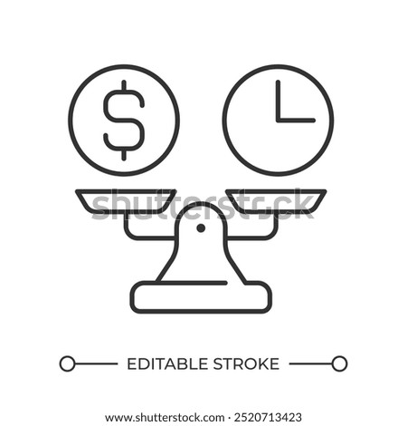 Time money balance linear icon. Dollar sign and clock on balance scale. Time management. Cost effective. Thin line illustration. Contour symbol. Vector outline drawing. Editable stroke