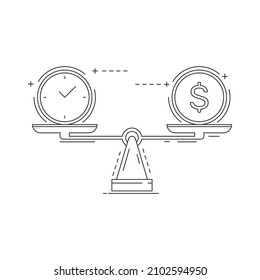 Time is money balance on scale icon. concept of time management. Vector flat illustration of coins, cash and watch on seesaw. Line art vector.