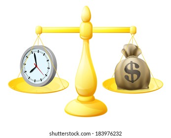 Time money balance scales concept illustration with a clock on one side and A sack of money with a dollar sign  on the other