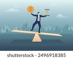 Time and money balance, weight between work and life, long term investment or savings, control or make decision concept, cheerful businessman balance between hourglass and dollar money on seesaw.