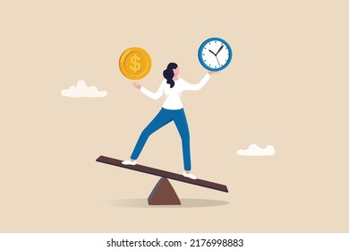 Time and money balance, weight between work and life, long term investment or savings, control or make decision concept, cheerful business woman balance between time clock and dollar money on seesaw.