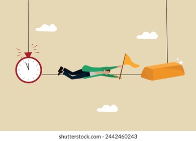 Equilibrio de tiempo y dinero, peso entre el trabajo y la vida, El concepto de resiliencia, Tratar de hacerse rico a largo plazo, Hombre de negocios jugando a la cuerda floja entre lingotes de oro y reloj