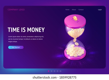 Time is money banner. Business concept of time management, economy and investment. Vector landing page with isometric illustration of golden coins falling in hourglass