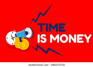 time is money. banner with megaphone and clock with coins.