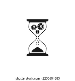 Time is money. Black hourglass, Sand watch with dollar coins and sand. Old vintage timer or clock icon on white background. Deadline, time flow, countdown, limited offer concept. 