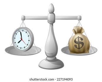 Time is money business concept with a clock on one side and a money bag on the other. Could also be a concept for work life balance