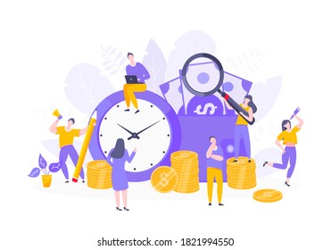 Time is money business concept of money saving. Time management, money installment with future growth. Teamwork concept flat style design vector illustration isolated on white background.