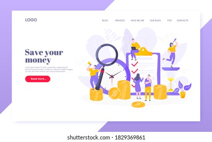 Time is money business concept of money saving. Time management, money installment with future growth. Teamwork concept flat style design vector illustration web page template.
