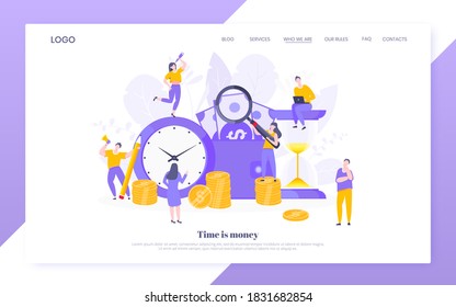 Time is money business concept of money saving. Time management, money installment with future growth. Teamwork concept flat style design vector illustration isolated on white background.