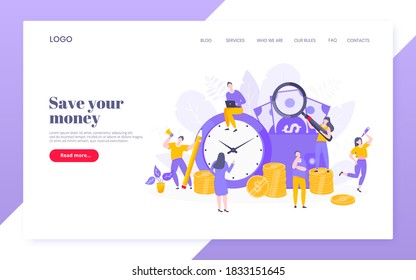Time is money business concept of money saving. Time management, money installment with future growth. Teamwork concept flat style design vector illustration web template.