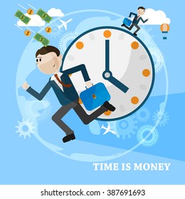 Time is money business concept vector card. Running man over business vector background
