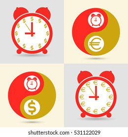 Time is money, business concept. Vector. Signs of the dollar and the Euro, alarm clock and Yin-Yang.