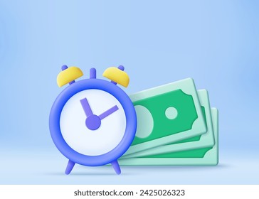 Time is money, business and finance concept. Quick payment, clock and cash, fast loan, easy credit. Time money saving. Timer and finance. Quick money. 3d rendering. Vector illustration