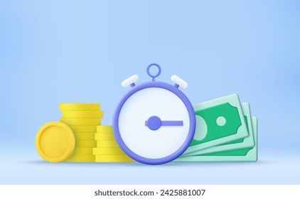 El tiempo es dinero, negocios y concepto financiero. Pago rápido, reloj y efectivo, préstamo rápido, crédito fácil. Ahorro de tiempo y dinero. Temporizador y finanzas. Dinero rápido. renderizado 3d. Ilustración de vector