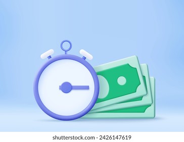 Time is money, business and finance concept. Quick payment, clock and cash, fast loan, easy credit. Time money saving. Timer and finance. Quick money. 3d rendering. Vector illustration